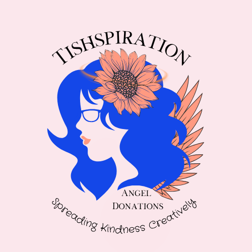 Tishspiration Angel Donations logo featuring Agnes with a sunflower in her hair, and angel wings
