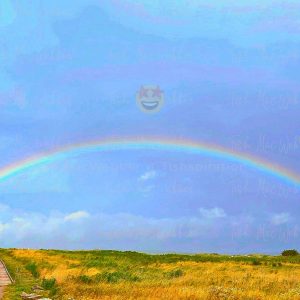 Full rainbow over the Inverness boardwalk and town in Cape Breton, Nova Scotia, with three smiling emojis with heart eyes, star eyes, sunglasses floating over the rainbow.
