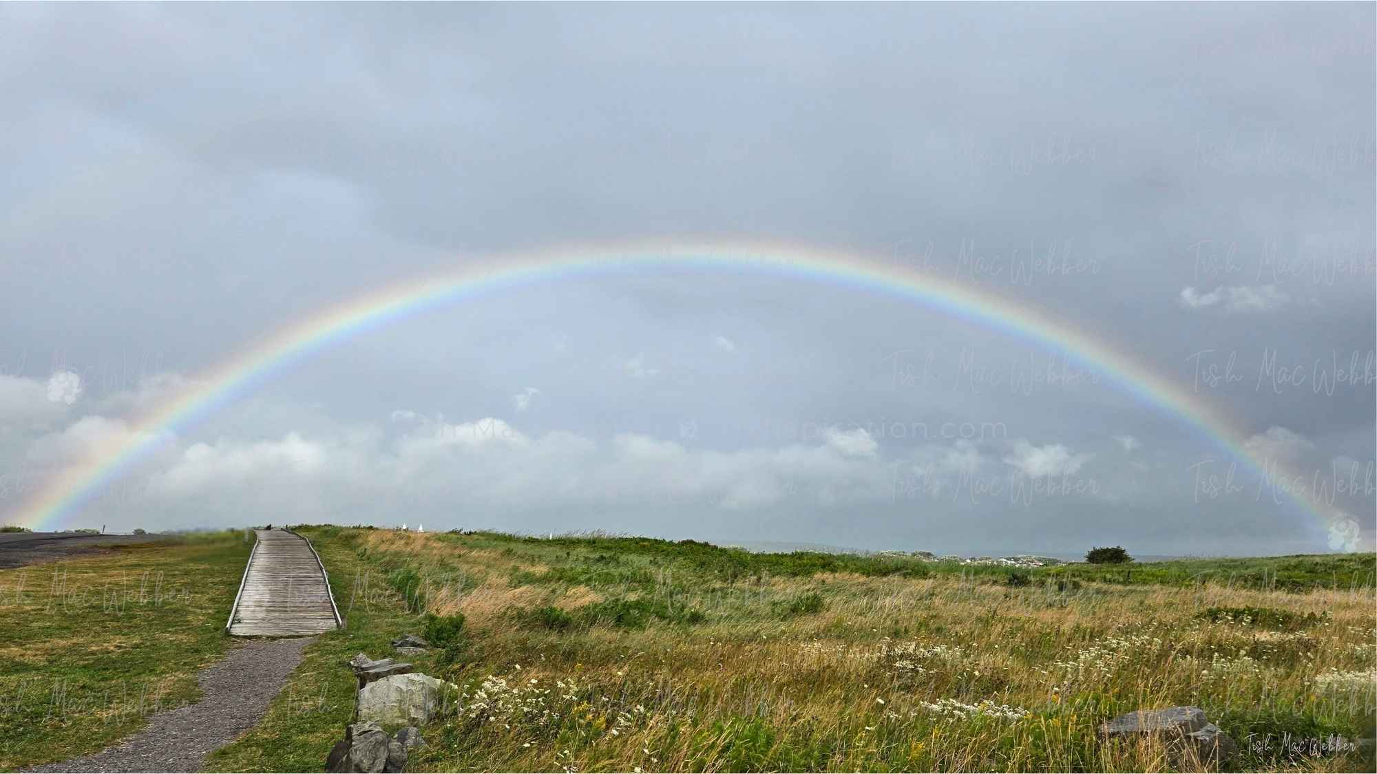 Tishspiration Rainbow Collection - Promise - Natural - No Sign - WEB WATERMARK Full rainbow over the Inverness boardwalk and town in Cape Breton, Nova Scotia