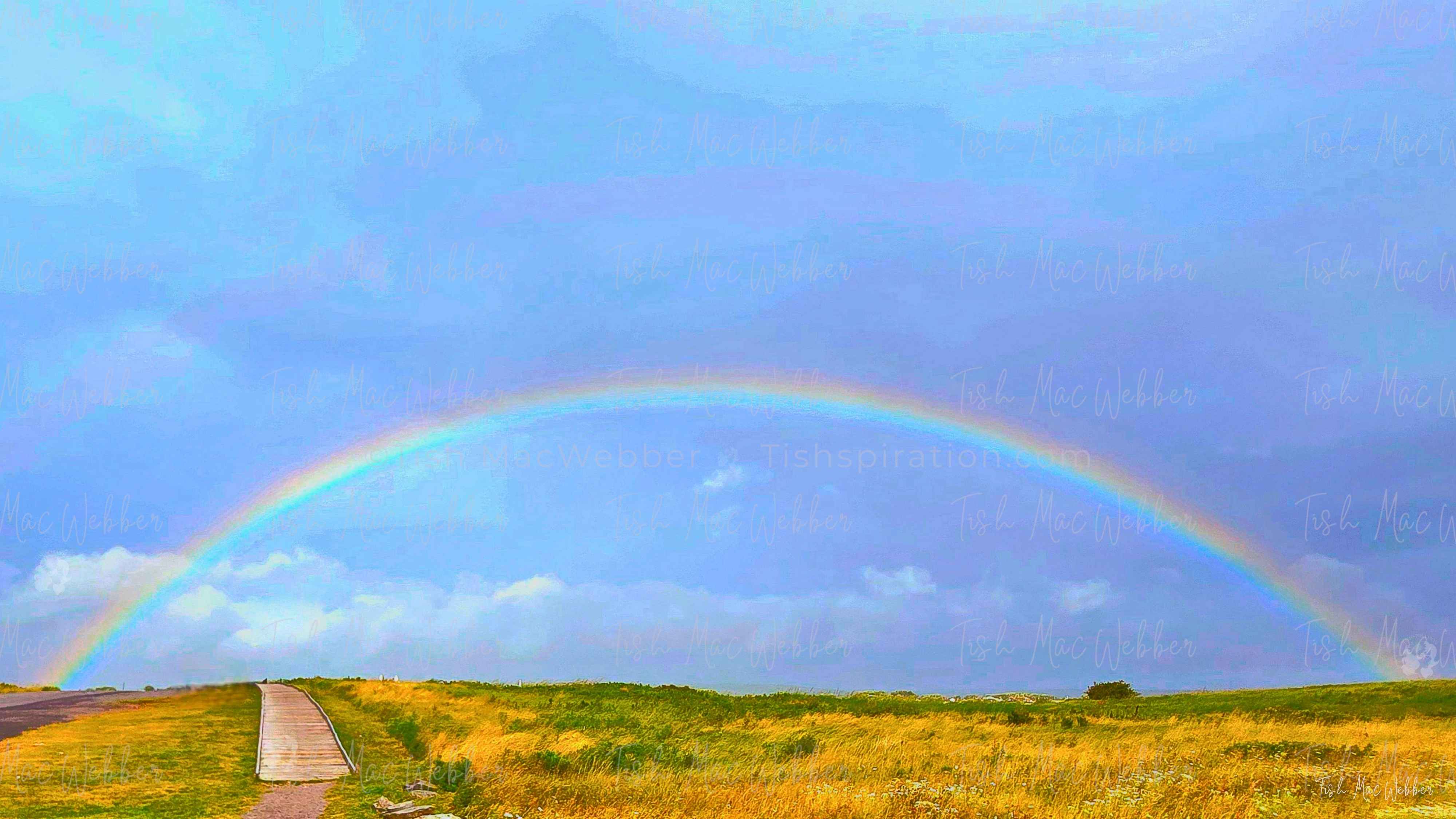 Tishspiration Rainbow Collection - Promise - Technicolour - No Sign - WEB WATERMARK Vivid full rainbow over the Inverness boardwalk and town in Cape Breton, Nova Scotia